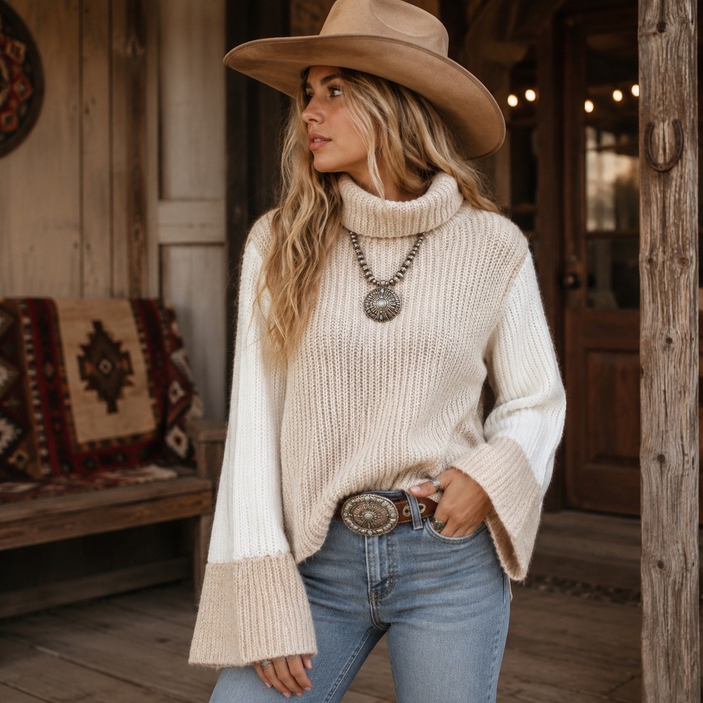 Sugar‎ Lips Knit Color Block Cream White Bell Sleeve Turtleneck Sweater XS
